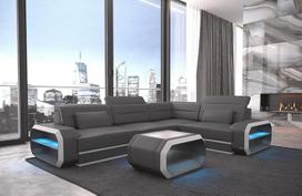 "Verona" kampinė odinė L formos sofa su LED apšvietimu, reguliuojamais galvos atlošais / pasirenkamos odos spalvos / pasirenkama orientacija (kampas dešinėje, pilka/balta)