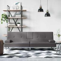"vidaXL" sofa lova su gėrimų laikikliais, sofa su reguliuojamais atlošais, sofa kambariui, sofa lova, sofa lova, metalinės kojelės, pilka dirbtinė oda