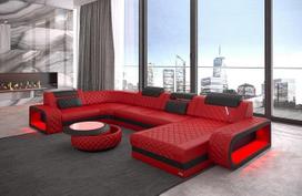 "Wohnlandschaft Berlin" U formos odinė sofa su galvos atlošais ir LED apšvietimu Moderni sofa (dešinysis otomanas, raudonai juoda)