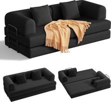 "Xbro" sofa lova 200 cm, "5-in-1" grindų sofa, sulankstoma sofa lova be rėmo, su porankiais ir 2 pagalvėlėmis, virvės audinys, sulankstoma sofa svetainei, miegamajam, svečių kambariui, 200 x 100 x 61 cm, tamsi