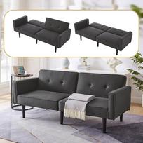 2 sėdimų vietų sofa-lova su miego funkcija, "2-in-1" sofa-lova su atskirais reguliuojamais atlošais, dviejų vietų sofa iš medvilninio lino audinio ir medinių kojų, (antikvarinė juoda)