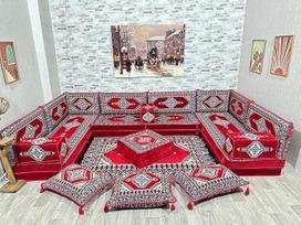 Arabiška arabiška kampinė Majlis sofa, rytietiška sėdimoji zona, Kilimas, Sark Kösesi, rytietiška sofa, arabiška sėdimoji pagalvėlė