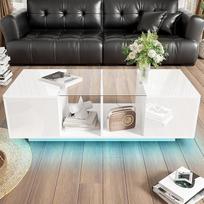 BTM modernus baltas kavos staliukas su LED apšvietimu Blizgus stalviršis 120 x 50 x 38,5 cm