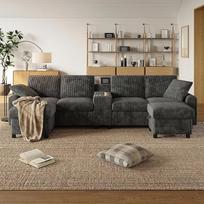BTM velvetinė U formos kampinė sofa, 2 kojos su laikymo funkcija, kavos staliukas, 2 gėrimų laikikliai, 1 USB jungtis, 2 kištukiniai lizdai, 2 C tipo lizdai; 4 vietų sofa, pilka, W 315 x H 81 x D 135 cm