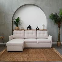 BUDWING Enzo 4 vietų kampinė sofa-lova su dvipusiu šezlongu, daiktadėže ir reguliuojamu atlošu - šiuolaikinis dizainas, 100 % poliesteris - 230 x 147 x 94 cm - šviesiai smėlio spalvos