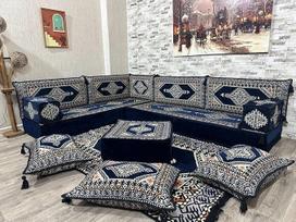 CaddeBuy Marokietiška L formos sofa, 100 % medvilnė, mėlyna rytietiška sekcija, 260 x 190 cm, 8 sėdimos vietos, Laci-Saray-L-20