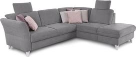 CAVADORE Trend Skandinaviška kampinė sofa-lova su spyruokline šerdimi, lovos funkcija, otomano laikymo vieta ir 2 galvos atlošais, 249 x 86 x 162 cm, šenilinė, pilka