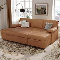 COPIAE 203 cm L formos sofa lova, 2-in-1 ištraukiama sofa lova su paminkštinta pagalve, dirbtinės odos sofa su laikymo vieta ir nuimamu porankiu, moderni patogi sofa lova svetainei, miegamajam