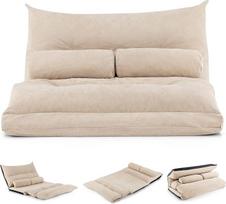 COSTWAY sulankstoma grindų sofa, 3-in-1 sofa lova su miego funkcija ir reguliuojamu atlošu, sofa lova su 2 juosmens pagalvėlėmis, sulankstoma sofa lova, svetainės ir miegamojo kėdė (smėlio spalvos)