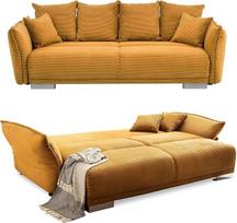 Didelė sofa W242/D131/H90 cm su miego funkcija, daiktadėže, reguliuojamu porankiu, poilsio sofa su spyruokliniu branduoliu ir bangų slopinimu, gulimas paviršius 168 x 199 cm, aukso ochros geltonos spalvos virvės užvalkalas / 17213