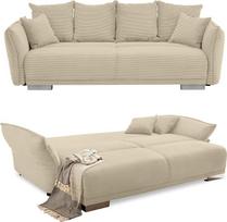 Didelė sofa W242/D131/H90 cm su miego funkcija, daiktadėže, reguliuojamu porankiu, poilsio sofa su spyruokliniu branduoliu ir bangų slopinimu, gulimas paviršius 168 x 199 cm, virvės užvalkalas, smėlio spalvos, pilka / 17215