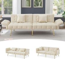 DRIXNO Dviejų vietų daugiafunkcinė sofa-lova su lovos funkcija, reguliuojamu atlošu ir daugiafunkciniais porankiais. Išskleidžiama sofa-lova svetainei, veliūro užvalkalas, smėlio spalvos