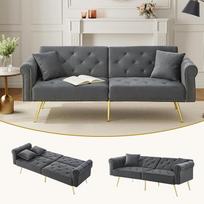 DRIXNO šiuolaikinė 2 vietų sofa-lova su aksomo užvalkalu, atlošu su 3 lygių reguliavimu ir paauksuotomis metalinėmis kojelėmis, stilinga sofa su miego funkcija, antikinės pilkos spalvos