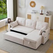 DRIXNO Sofa lova su miego funkcija, L formos smėlio spalvos sofa, minkšti baldai, sofa šezlongas su laikymo vieta, su kišeniniu puodelio laikikliu, svetainės sofa lova, kairysis ir dešinysis keičiami šezlongai