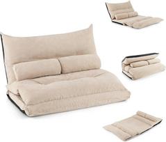 GOPLUS grindų sofa su miego funkcija, "3-in-1" sofa-lova su reguliuojamu atlošu, pagalvėlėmis ir putomis, maksimali apkrova 150 kg, sulankstoma sofa svetainei ir miegamajam (smėlio spalvos)