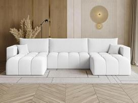 GRAINGOLD Neva U formos kampinė sofa su miego funkcija ir lovos dėže, 370 x 170 cm, U formos sofa su laikymo vieta, sofa-lova svetainei, Bouclé audinys, 5 sėdimų vietų gyvenamasis kraštovaizdis, modernus dizainas (balta)