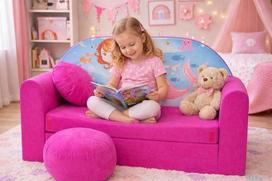 H4 Vaikiška sofa-lova Futon su pufu, pufu ir pagalve, audinys, rožinė spalva, 168 x 98 x 60 cm, medvilnė