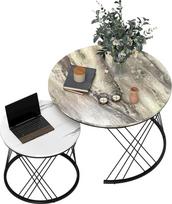 HOMCOM 2 apvalių kavos staliukų rinkinys, skersmuo 70/44,5 cm, kavos staliukai su marmuriniu stalviršiu ir metalinėmis kojomis, skirti svetainei, miegamajam, mažoms erdvėms, modernus stilius, pilka ir balta spalvos