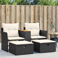 Homgoday Sodo sofa 2 sėdimos vietos su taburetėmis Juoda poliuretano lauko rotango sodo lova Sofa Sofa Sodo sofa Gyvenamasis kambarys Terasa Lauko baldai