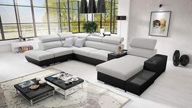 IM SOFA PERS V XXL U formos kampinė sofa su lovos funkcija - moderni kampinė sofa (šviesiai pilka Sawana + juoda dirbtinė oda, dešinė)