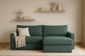 Kaiser Möbel - Kampinė sofa su miego funkcija ir lovos dėže - 224 x 140 x 85 cm kampinė sofa - L formos sofa, gyvenamasis kraštovaizdis - patogi sofa su baldakimu - Lubeka - Audinys Faro - Žalia - Dešinė