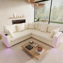 Kampinė L formos sofa su LED apšvietimu, "Bluetooth" ir USB C įkrovimo prievadu, laidinė sofa su 5 pagalvėlėmis, modernus sofos komplektas, smėlio spalvos, 198 x 198 x 83 cm, skirta svetainei ir butui