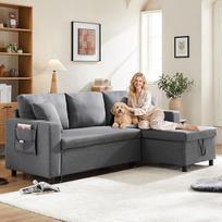 Kampinė L formos sofa su 3 pagalvėlėmis, modulinė sofa-lova be kaulų, sofa-lova su laikymo vieta, keičiama šezlongų sofa-lova Gyvenamasis kraštovaizdis gyvenamajame kambaryje, 219 x 124 x 70,5 cm, tamsi