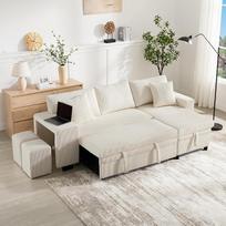 Kampinė sofa su miego funkcija ir lovos dėže, sofa su 3 sėdimomis vietomis, USB įkrovimo prievadu ir pagalvėle, kampinė L formos sofa su šoninėmis lentynomis ir laikymo vieta, gyvenamasis kraštovaizdis su 2 taburetėmis, smėlio spalvos, laidas