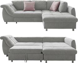 Kampinė sofa su miego funkcija ir miegamojo lova, W 250 x D 190 x H 84 cm, "Wave Support" ir "Comfort" putos, ilgas kėdės "Ottoman Right" užvalkalas, pilkos spalvos mikropluošto užvalkalas, 2 dekoratyvinės pagalvėlės Rose / 17001