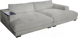 KAWOLA Didelė sofa "Madeline" su mediniu padėklu juodos spalvos porankiui šviesiai pilka