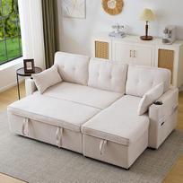 KAZZIO sofa lova su miego funkcija, L formos sofa, modernaus dizaino minkšti baldai, sofa, poilsio kėdė su laikymo vieta, su gėrimų laikikliu, svetainės sofa lova, keičiama kairėn ir dešinėn (smėlio spalvos)