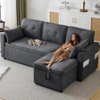 Konvertuojama sofa lova su saugykla, L formos miegamosios sofos su puodelių laikikliais, pagalvėlėmis ir kišenėmis, ištraukiamas sekcinis miegamasis gultas svetainei, miegamajam ir biurui (pilka)