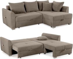 Korduro kampinė sofa 236 x 160 cm su miego funkcija ir lovos dėže, kišenė porankyje, "L" formos kišenė su tualetu, išskleidžiama, montuojama kairėje arba dešinėje pusėje, korduro audinio apmušalas, rudos spalvos Taupe / 15208