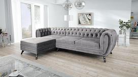 Kuechen-preisbombe Elegantiška Chesterfieldo kampinė sofa Velūras Pilka sofa Minkšta sofa Gyvenamasis kraštovaizdis Sofa