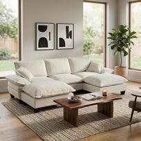 L formos sofa-lova su miego funkcija, sofa-lova su nuimamais porankiais ir 2 kilnojamais otomanais, 3 sėdimų vietų sofa, U formos debesų sofa, šenilas, smėlio spalvos, 264 x 155 x 90 cm