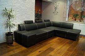 London II Tikros odos kampinė sofa 3 tonos 275 x 200 cm Sofa-lova su lovos funkcija, lovos dėže ir galvos atlošais Juoda tikra oda su dekoratyviniais dygsniais Kampinė sofa Didelis pasirinkimas