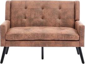 Maža dviejų vietų viduramžių retro stiliaus sofa su sagomis, aukštu atlošu ir medžio masyvo kojomis, rudas zomšinis audinys svetainei ir biurui