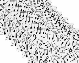 Medžiaginės lėkštės, skalbiamos lėkštės valgomojo stalui, 6 vnt., baltos juodos spalvos, muzikinės natos, meninė muzika
