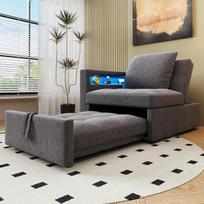 Minkšta lova Sofa lova "3-in-1" daugiafunkcinė sofa lova, reguliuojamas atlošas, porankis su LED šviesos juostelėmis ir USB/Type C jungtimis, atlenkiama sofa mažoms erdvėms (tamsiai pilka)