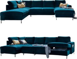 MIUFORM "Lofty Lilly" su lovos dėže, 8 vietų kampinė sofa, U formos kairė, 303 x 197 x 84 cm, sulankstoma sofa su miego funkcija, sulankstoma sofa-lova, gyvenamasis kraštovaizdis (veliūrinė benzino žalia)