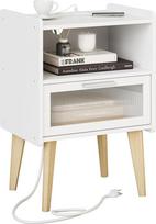 MMEOLUOOK Naktinis staliukas su įkrovimo stotele, naktinis staliukas, šoninis staliukas su 2 pakopų laikymo vieta miegamajame, svetainėje, baltasMLBZ07WE