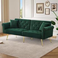 Moderni 2 vietų sofa-lova su aksomo užvalkalu, 3 lygių atlošu ir paauksuotomis metalinėmis kojelėmis. Stilinga sofa su miego funkcija, taupanti vietą, patvari, idealiai tinkanti mažoms erdvėms (žalia)