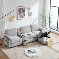 Moderni L formos kampinė sofa su konsole ir taburete su laikymo vieta, USB įkrovimo stotelė, 4 sėdimų vietų komfortiška sofa iš velvetinio audinio, puodelio laikiklis, porankių laikiklis, laikymo krepšys, skirta svetainei, biurui