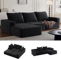 Modulinė kampinė sofa su miego funkcija, L formos sofa, velvetinio audinio sofa lova su 3 pagalvėlėmis, sofa lova svetainei, miegamajam, juoda