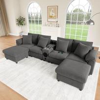 Modulinė U-/L sofa su "Bluetooth" grotuvu, sofa su pulteliu, kabeliu ir USB, sofa su laidu ir stalčiumi, su gembėmis, 6 sėdimųjų vietų sofa (pilka)