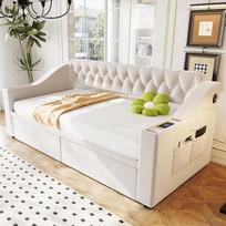 MURUL Polsterbett-Schlafsofa 90x190cm, beige Samt, mit Breiten Armlehnen, USB-Anschluss, Ablage, Taschen & Aufbewahrungsschublade
