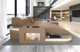 Odinė sofa "Wave L" formos odinė kampinė sofa su LED apšvietimu, reguliuojamais galvos atlošais, šezlongu / pasirenkamos odos spalvos / pasirenkama orientacija (Osmanų kairė, smėlio smėlio spalvos / balta)