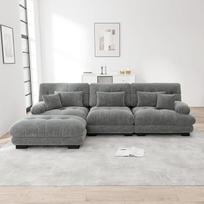 Prabangi modulinė kampinė sofa - padidinto dydžio "L" formos "debesų" sofa gyvenamajam kambariui, gili sofa-lova su osmanu, laidas (pilka + sėdynė)