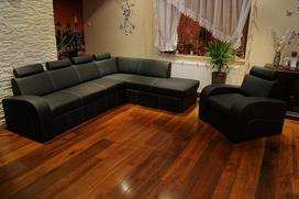 Quattro Meble Antalya II 4Z Natūralios odos kampinis sofos komplektas juodas 270 x 200 cm su foteliu Sofa sofa su miego funkcija, lovos dėže ir galvos atlošais Kampinė sofa iš natūralios odos Hermes Nero su dekoratyviniais elementais