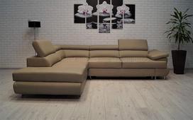 Quattro Meble Beige Mocca natūralios odos kampinė sofa, LTN 275 x 225 cm, sofa-lova su miego funkcija, lovos dėže ir galvos atlošais, tikros odos kampinė sofa (275 x 225 kampas kairėje)